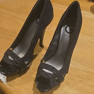 G by Guess Black Glitter Peep-Toe Heels